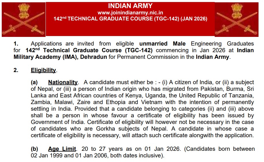 Indian Army TGC Entry 2025 Notification