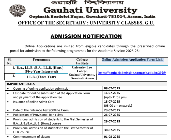 Gauhati University Law Admission 2025
