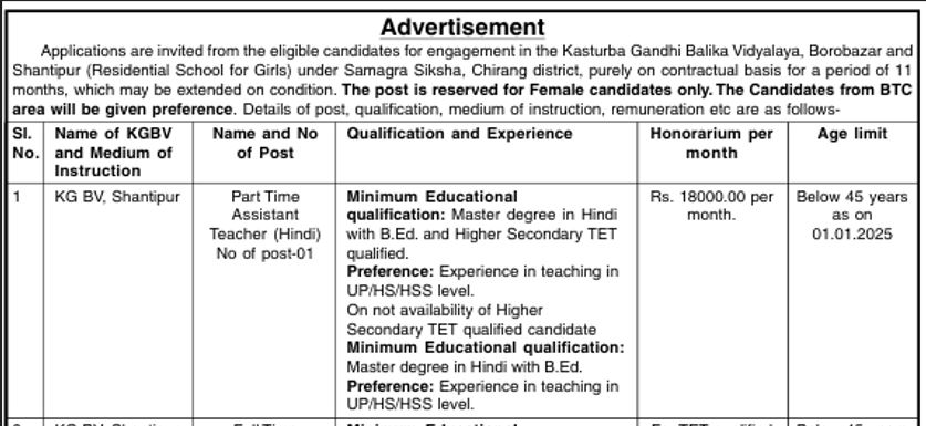 Chirang KGBV Shantipur Recruitment 2025