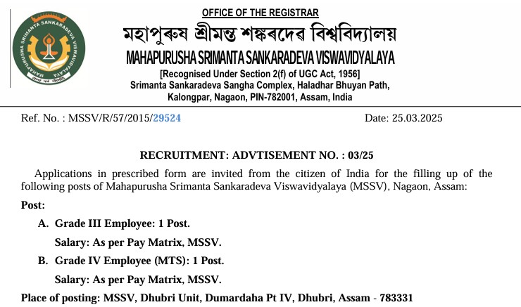 MSSV Nagaon Recruitment 2025 Notification
