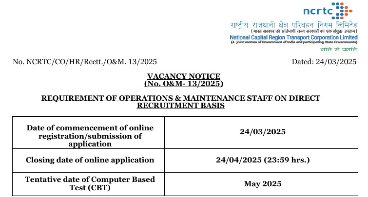 NCRTC Non Executive Recruitment 2025 Notification