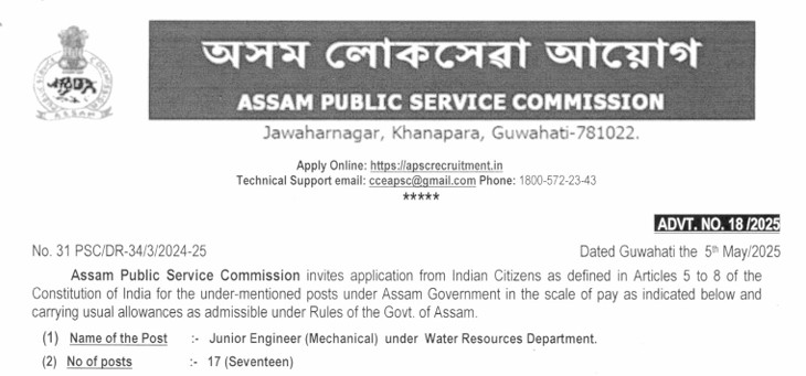 APSC Junior Engineer For Water Resources Department Recruitment 2025 Notification