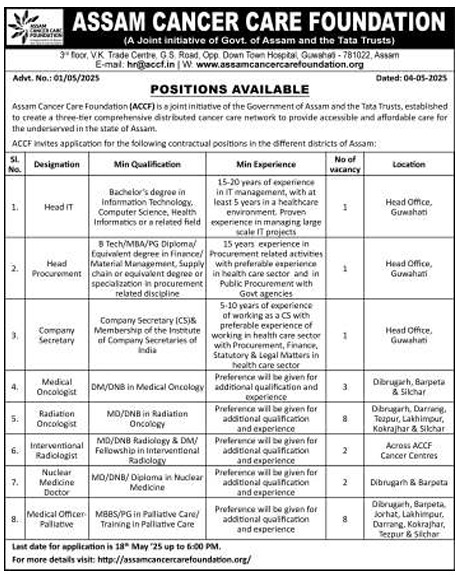 Assam Cancer Care Foundation Recruitment 2025 Notification