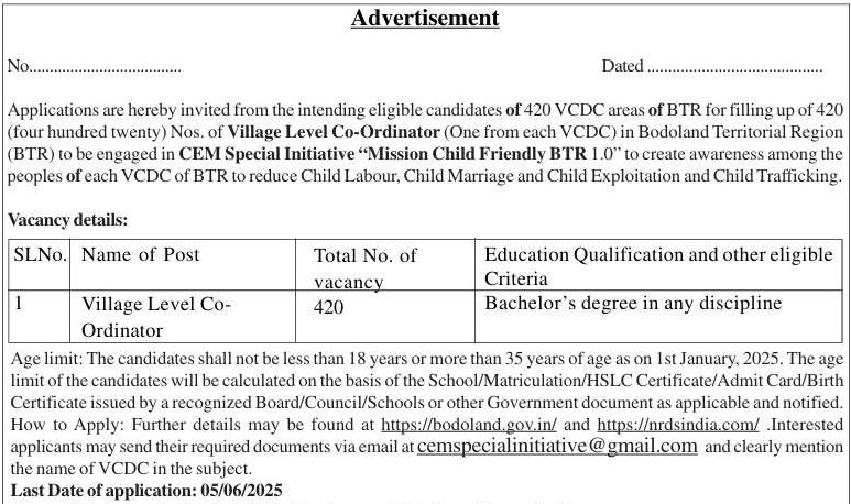 BTR VCDC Village Level Coordinator Recruitment 2025 Notification