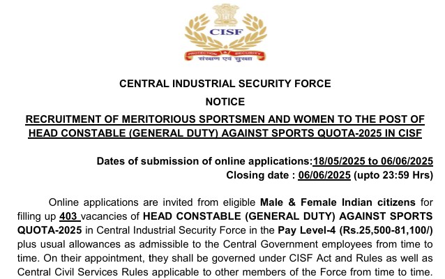 CISF Head Constable Recruitment 2025 Notification