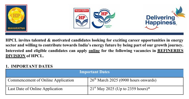 HPCL Junior Executive Recruitment 2025 Notification
