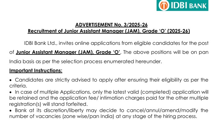 IDBI Bank Junior Assistant Manager Recruitment 2025 Notification