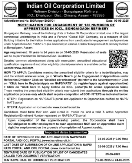 IOCL Bongaigaon Apprentice Recruitment 2025 Notification