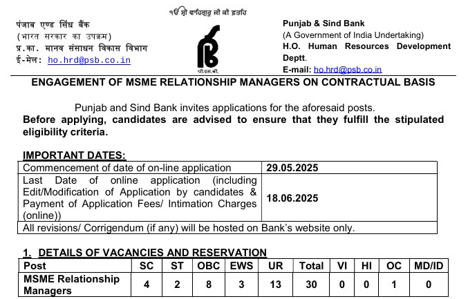 Punjab & Sind Bank MSME Relationship Manager Recruitment 2025 Notification