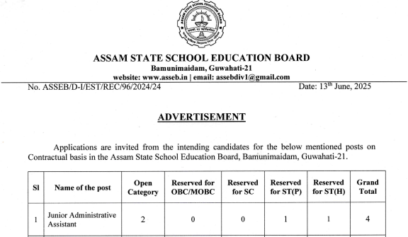 ASSEB Administrative Assistant Recruitment 2025 Notification