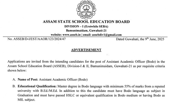 ASSEB Assistant Academic Officer Recruitment 2025 Notification