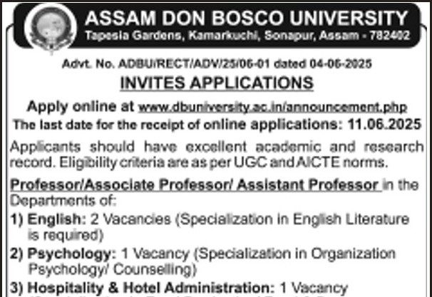 Assam Don Bosco University Recruitment 2025 Notification
