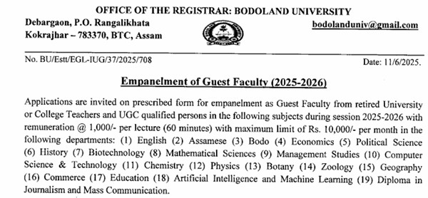 Bodoland University Guest Faculty Empanelment Recruitment 2025 Notification