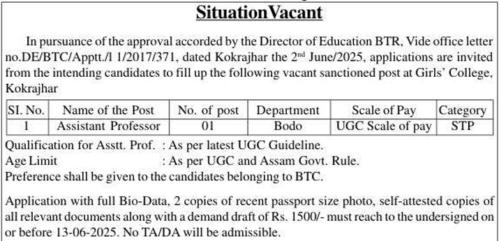 Girls College Kokrajhar Recruitment 2025 Notification