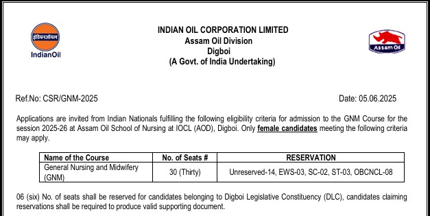 IOCL Digboi GNM Nursing Admission 2025 Notification