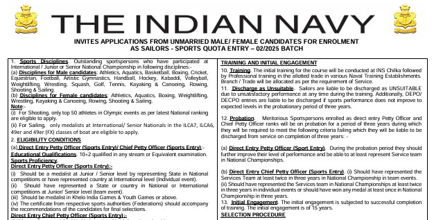 Indian Navy Sailor Recruitment 2025 Notification