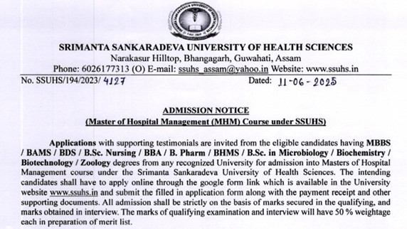 SSUHS Master of Hospital Management Admission 2025 Notification