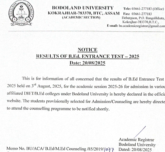 Bodoland University BEd Entrance Result 2025