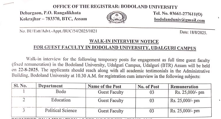 Bodoland University Udalguri Campus Recruitment
